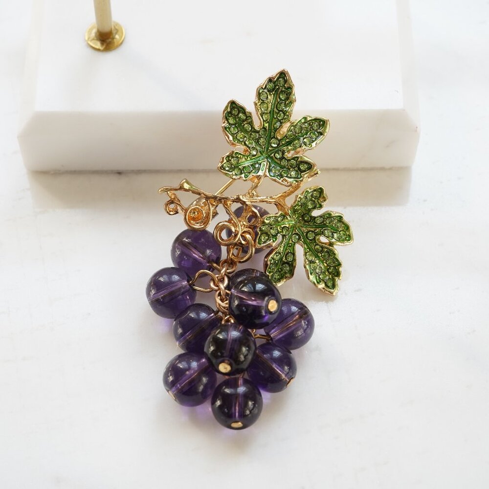 Vintage Style Enameled Crystal Beads Grape Brooch